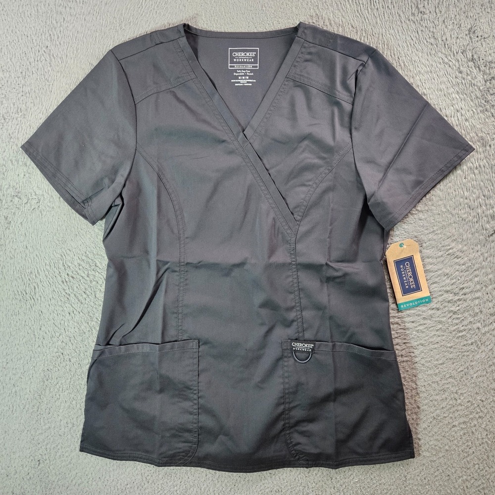 NEW Cherokee Workwear Mock Wrap Scrub Top Women MEDIUM WW610 Revolution Gray